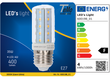 1 STÜCK (VPE) SHADA LED Röhrenform E27, 400lm, 4 Watt, Warmweiss 2700K, CRI97 klar, EEC: F (0600198_01)
